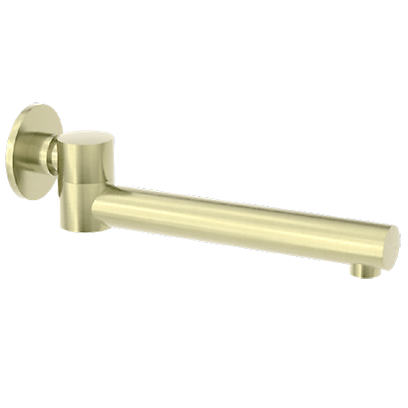 A brushed gold swivel bath spout with a simplistic and modern design, capable of folding away when not in use.