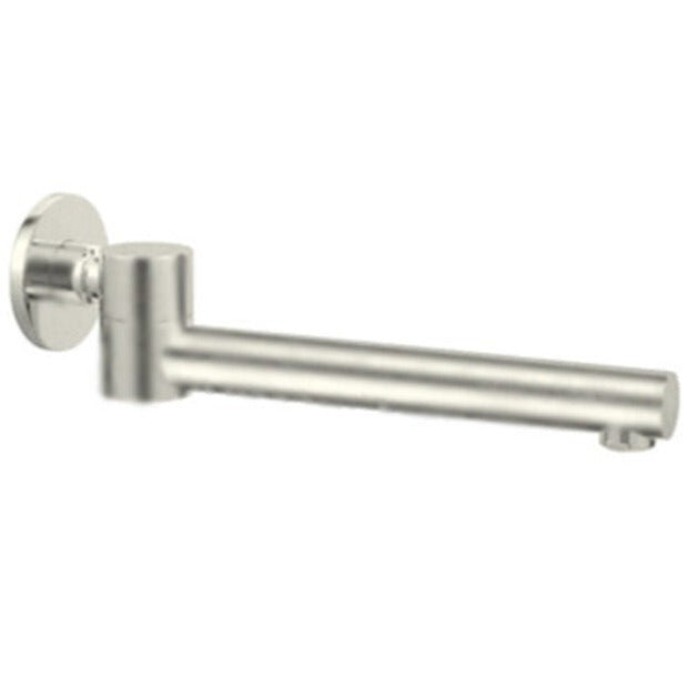 A chrome nickel swivel bath spout with a simplistic and modern design, capable of folding away when not in use.