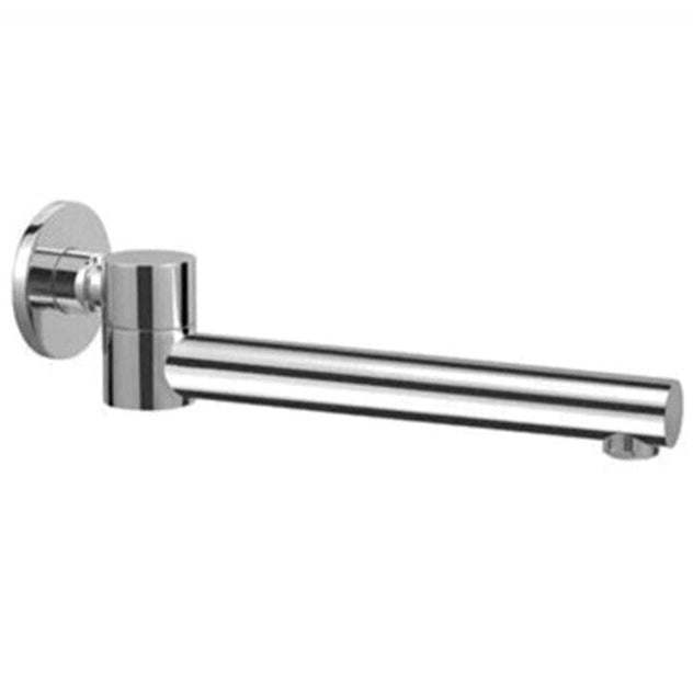 A chrome swivel bath spout with a simplistic and modern design, capable of folding away when not in use.