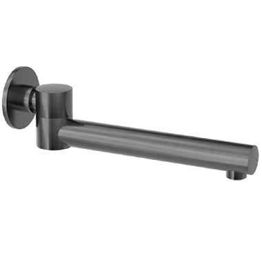 A gunmetal swivel bath spout with a simplistic and modern design, capable of folding away when not in use.