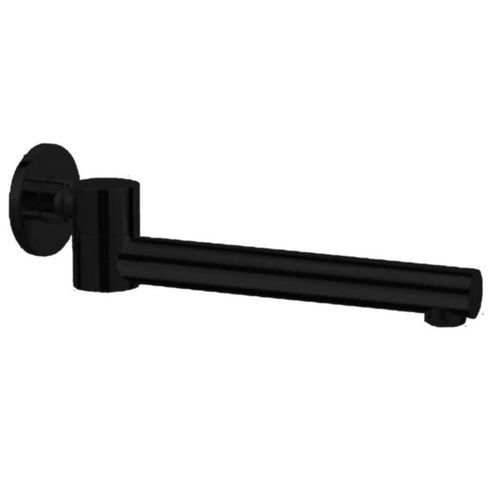 A matte black swivel bath spout with a simplistic and modern design, capable of folding away when not in use.