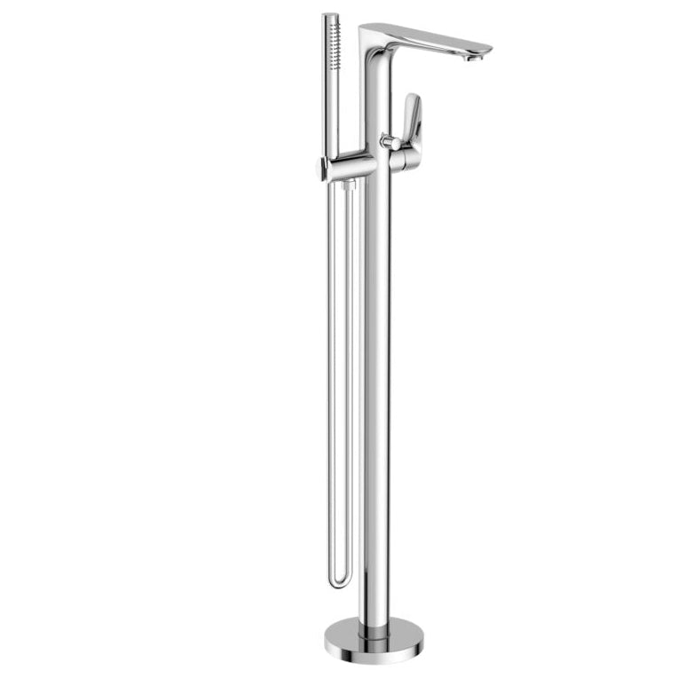 A chrome freestanding bath filler with a hand shower, featuring a sleek and modern design.
