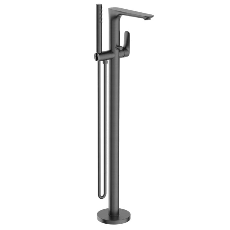 A gunmetal freestanding bath filler with a hand shower, featuring a sleek design suitable for spa-like bathrooms.