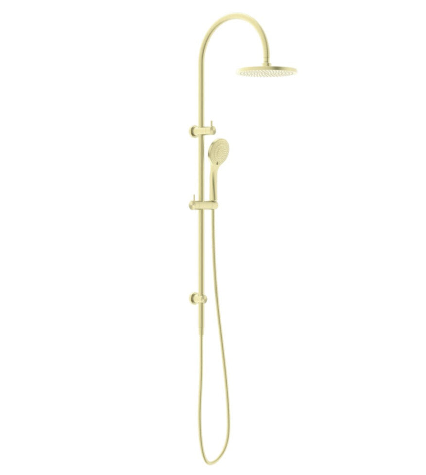 Combination shower with a sleek design featuring a large overhead shower and a smaller handheld spray, both with  a brushed gold  finish.