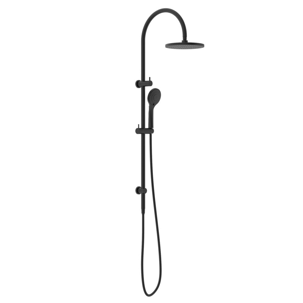 Combination shower with a sleek design featuring a large overhead shower and a smaller handheld spray, both with a matte black finish.