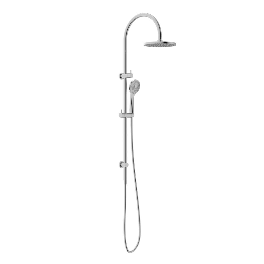 combination shower with a sleek design featuring a large overhead shower and a smaller handheld spray, both with a chrome  finish.