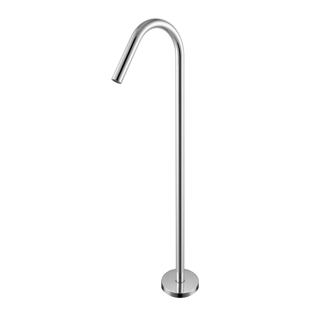 A chrome freestanding bath filler with a curved spout and a sleek, polished finish.