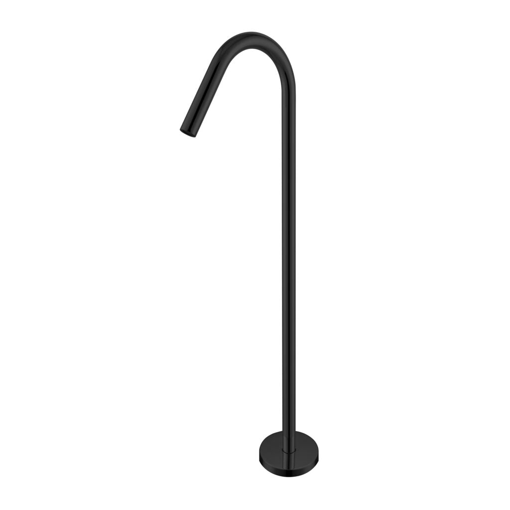A matte black freestanding bath filler with a curved spout and a round base.