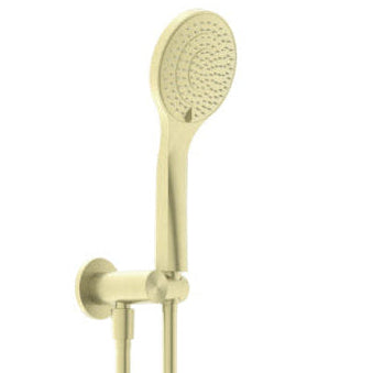 Hand held shower with a brushed gold finish and a single nozzle, isolated on a white background.