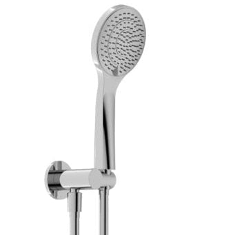 A chrome hand shower with a round nozzle head, designed for plumbing in a bathroom setting.