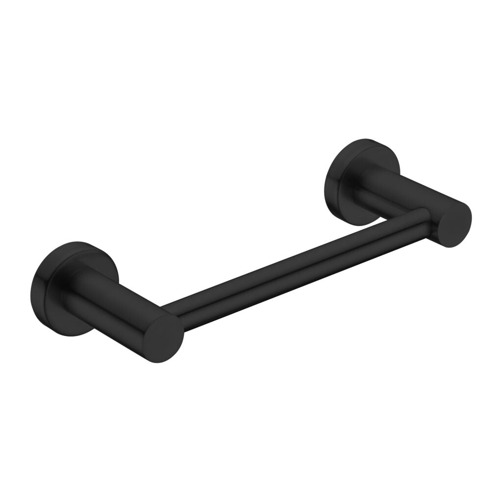A matte black hand towel rail with a simple, modern design.