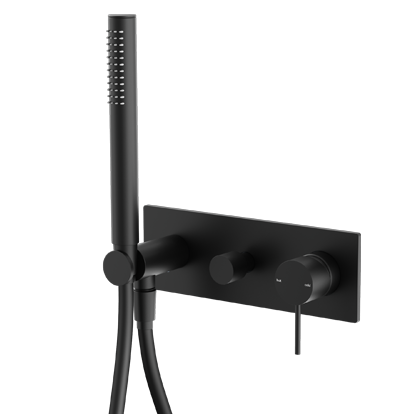 Matte black shower mixer with diverter system, featuring a vertical rod with a hand-held shower head and a mixing valve.
