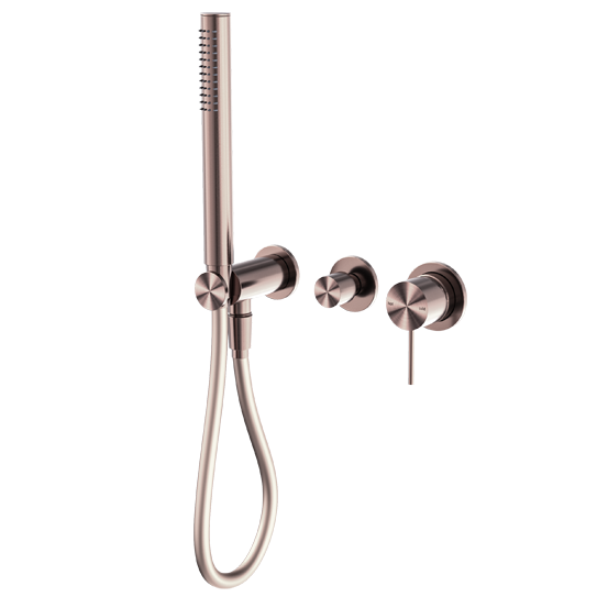 A brushed bronze shower mixer diverter system with a backplate-free design, featuring a straight rod and round connectors.
