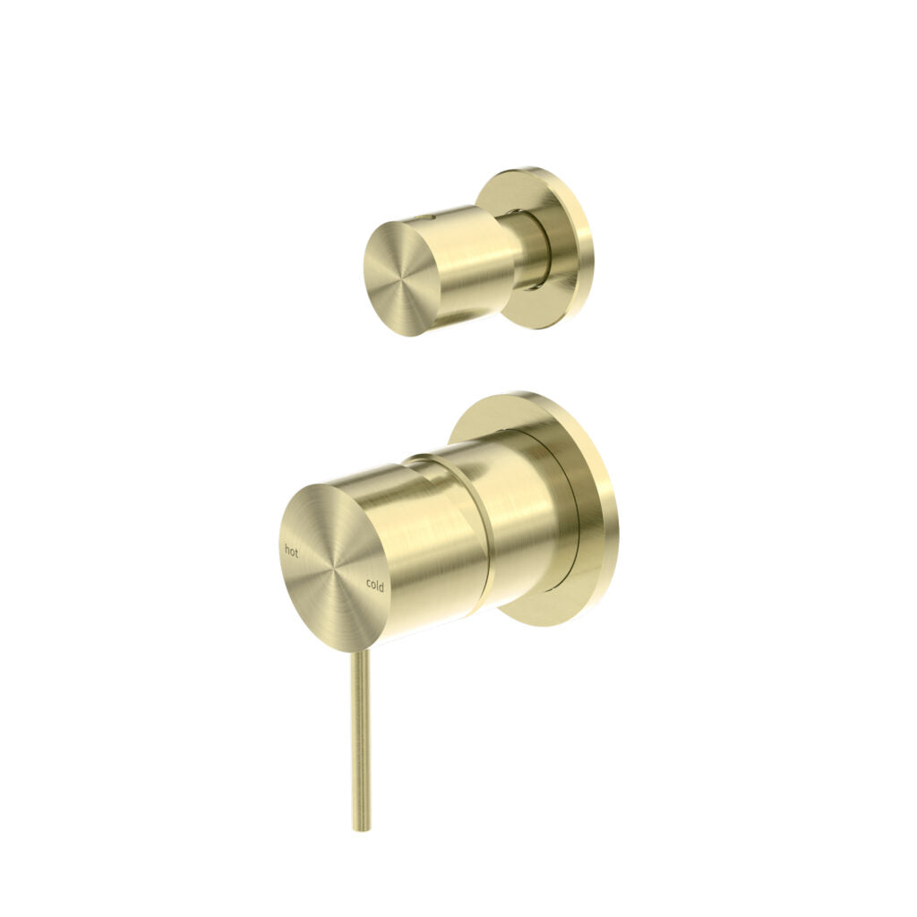 Two brushed gold shower mixer taps with a diverter, designed for wall mounting.
