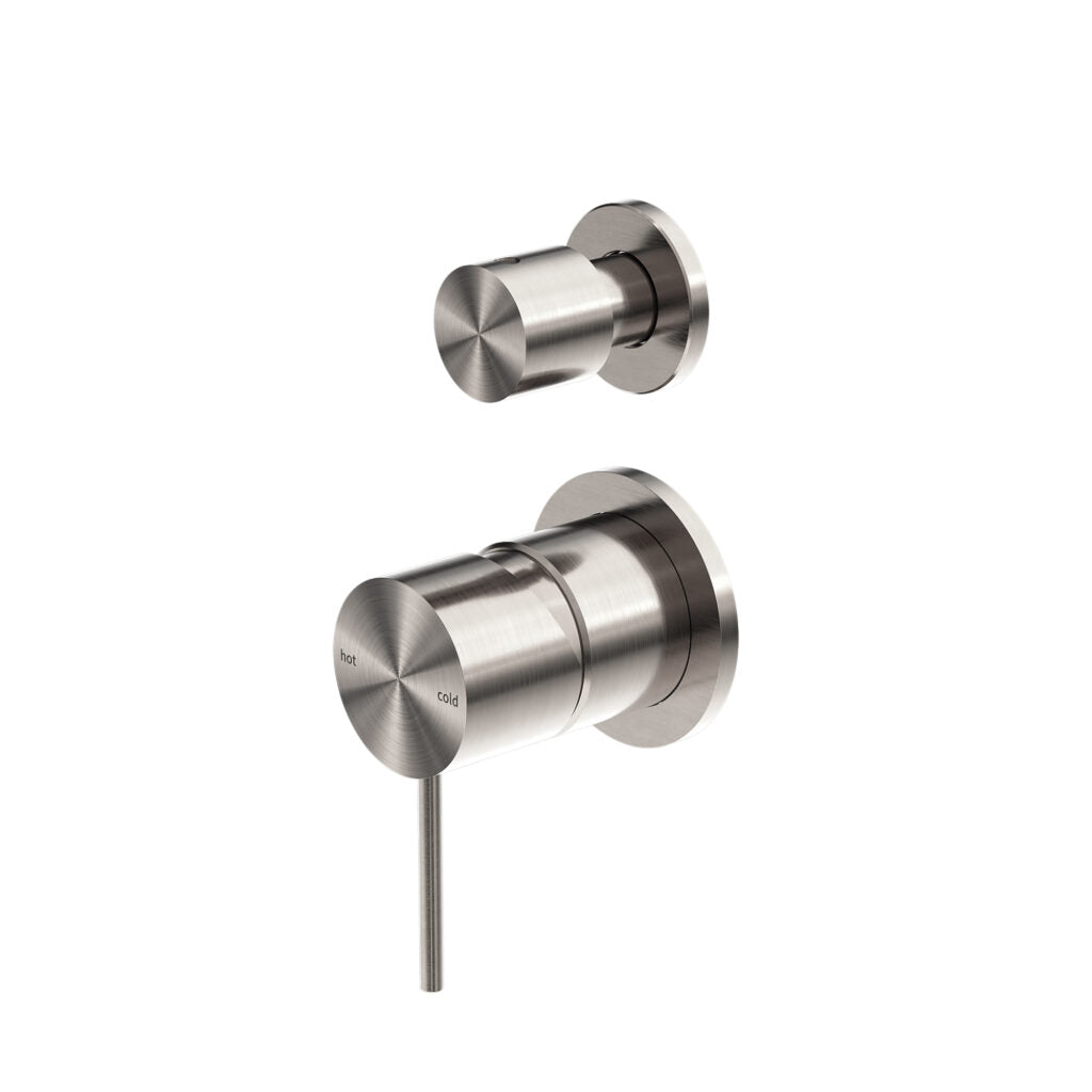 Two brushed nickel shower mixer fixtures with push diverter, one shown in front view and the other in side view, both with a sleek modern design.