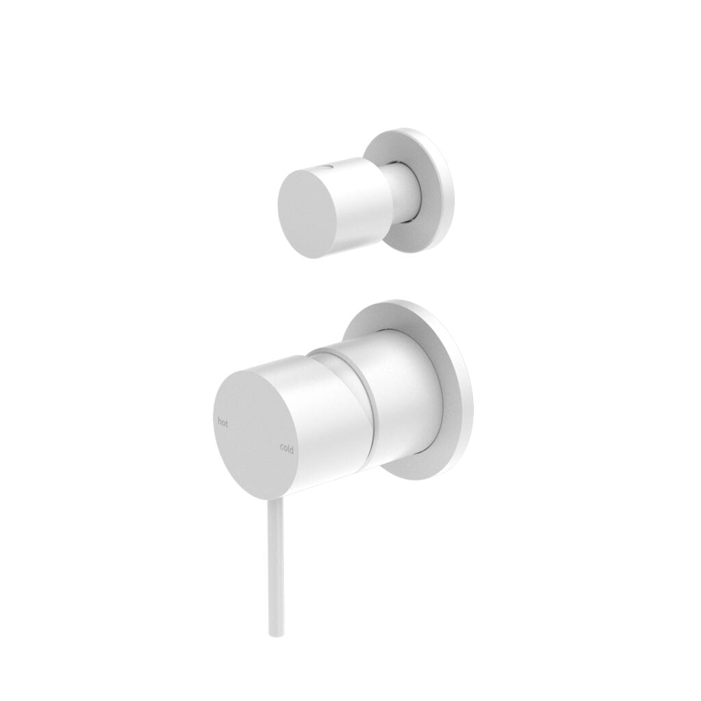 A wall-mounted bath and shower mixer with a diverter, in a matte white finish.