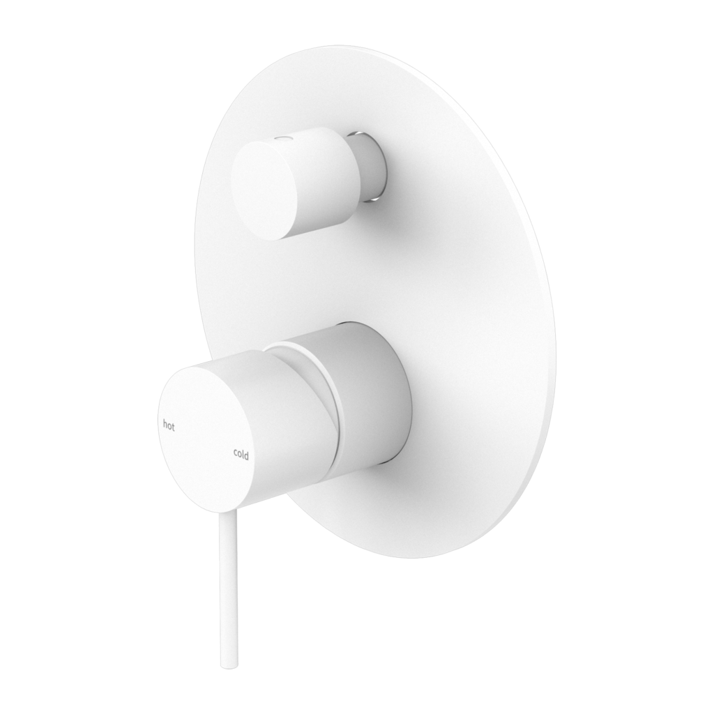 A matte white Nero Mecca shower mixer with diverter, designed for wall mounting.