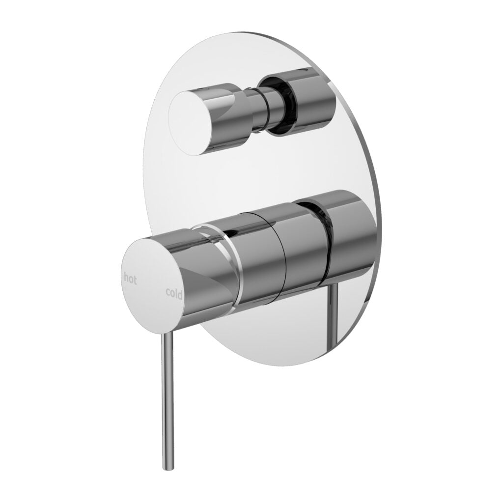 A chrome shower mixer with diverter, featuring a sleek design with a large circular shower head and a smaller diverter handle.