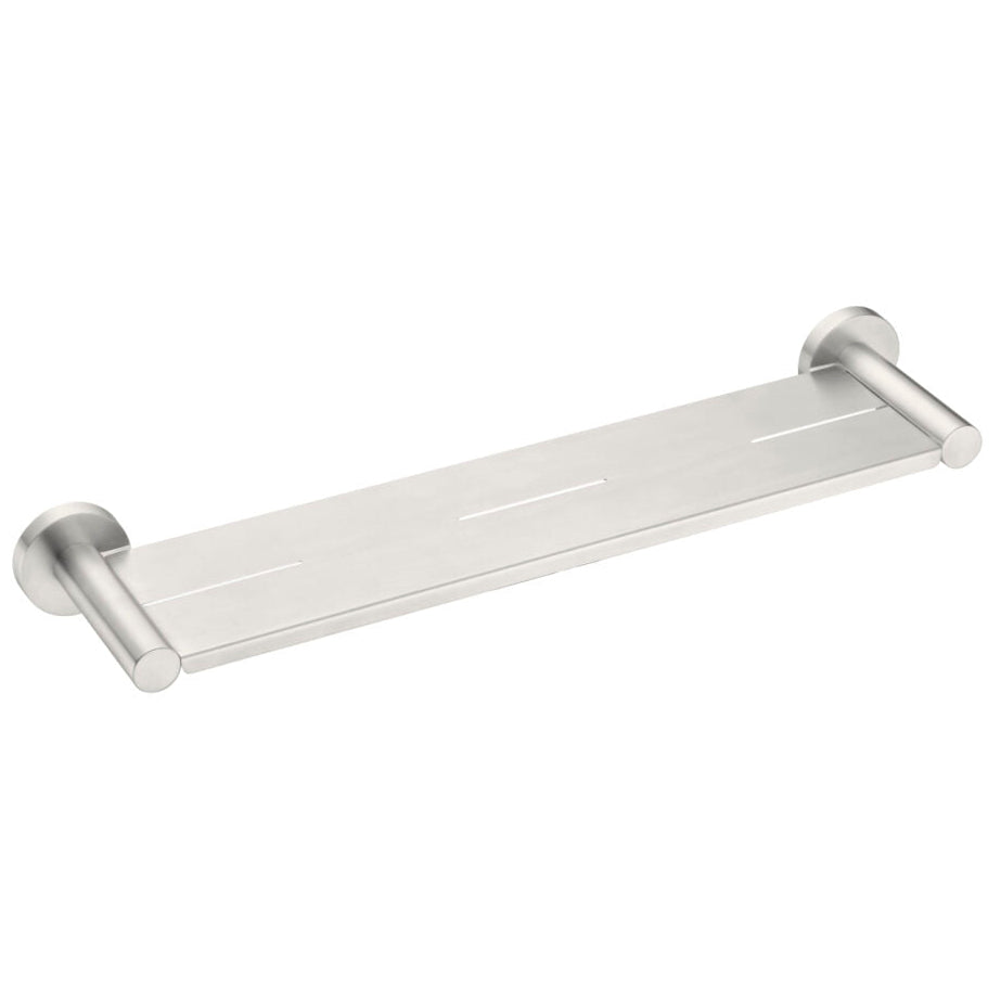 A Brushed Nickel  Nero Mecca shower shelf designed for minimalist bathroom design.