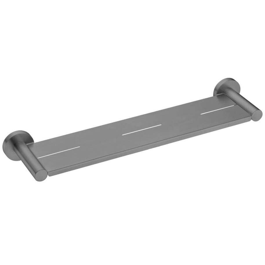 Gun metal shower shelf with a minimalist design featuring a simple, solid line across the center.