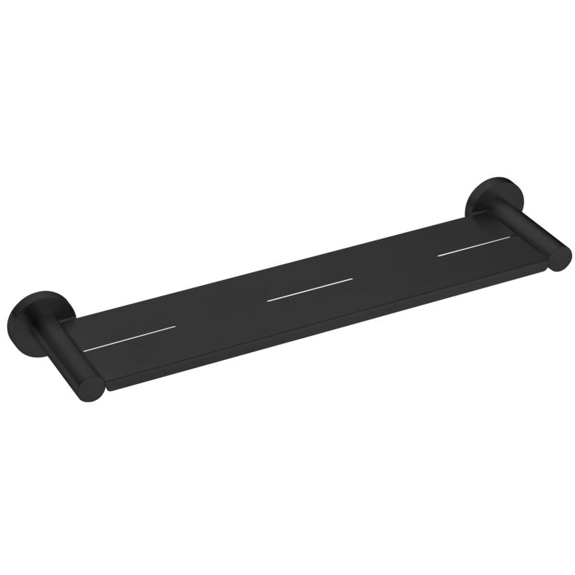 A matte black shower shelf ,designed for bathroom use.