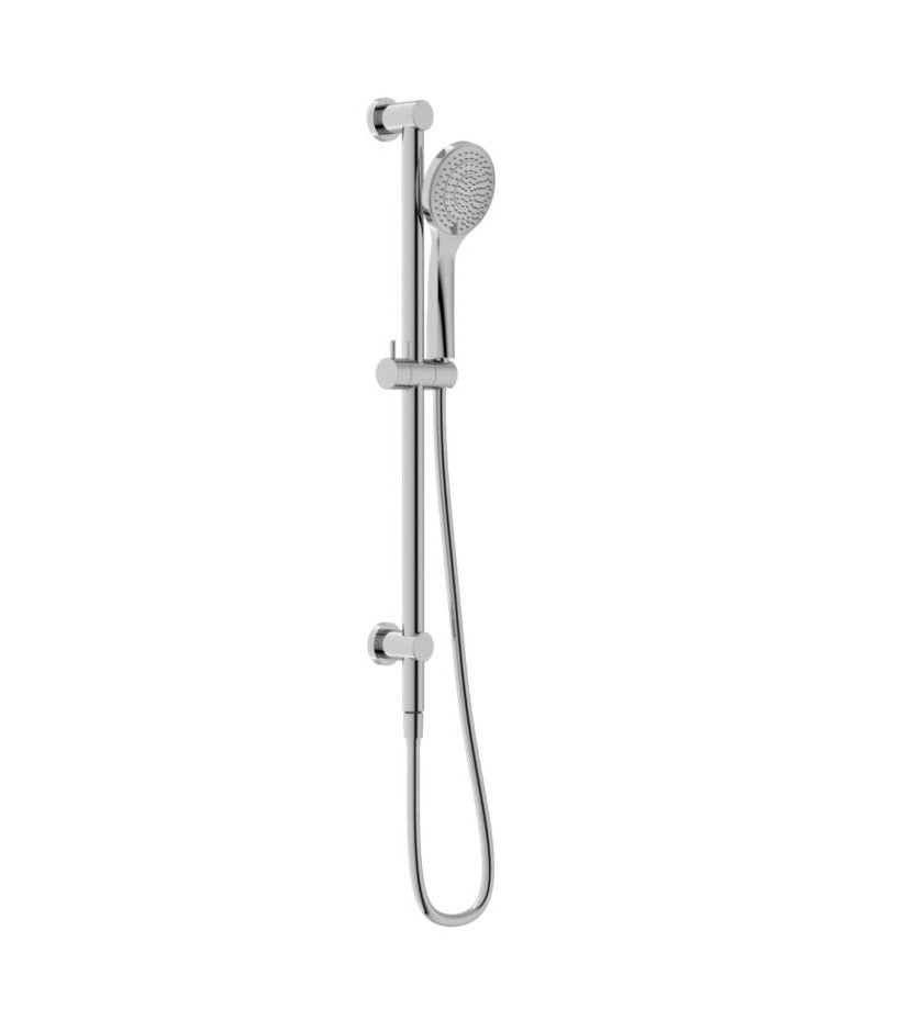 A Chrome  single rail shower with a hand-held shower head and an adjustable rail,WATER INLET' at the bottom.