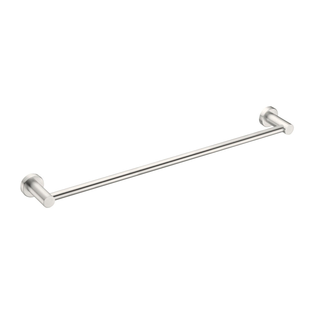 A 600mm brushed nickel single towel rail with a minimalist design.