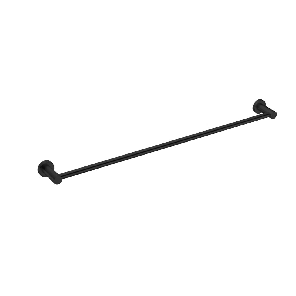 A matte black single towel rail with a minimalist design, part of the Nero Mecca bathroom accessory range.