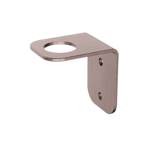 A brushed bronze soap bottle holder with a sleek design, featuring a circular cutout for holding a soap bottle.