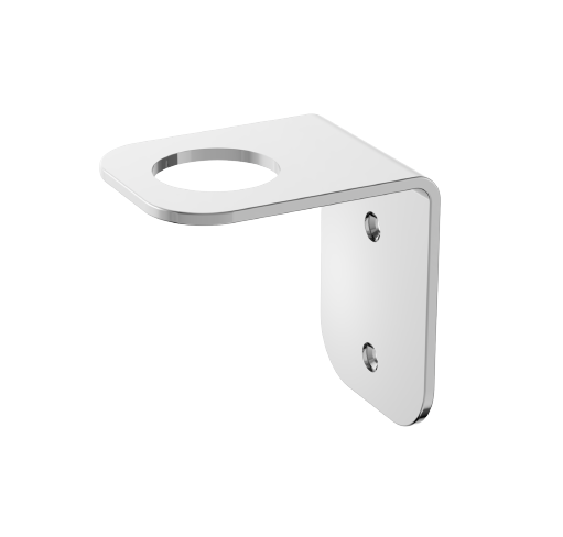 A chrome soap bottle holder with a sleek design, featuring a circular cutout for holding a soap bottle.