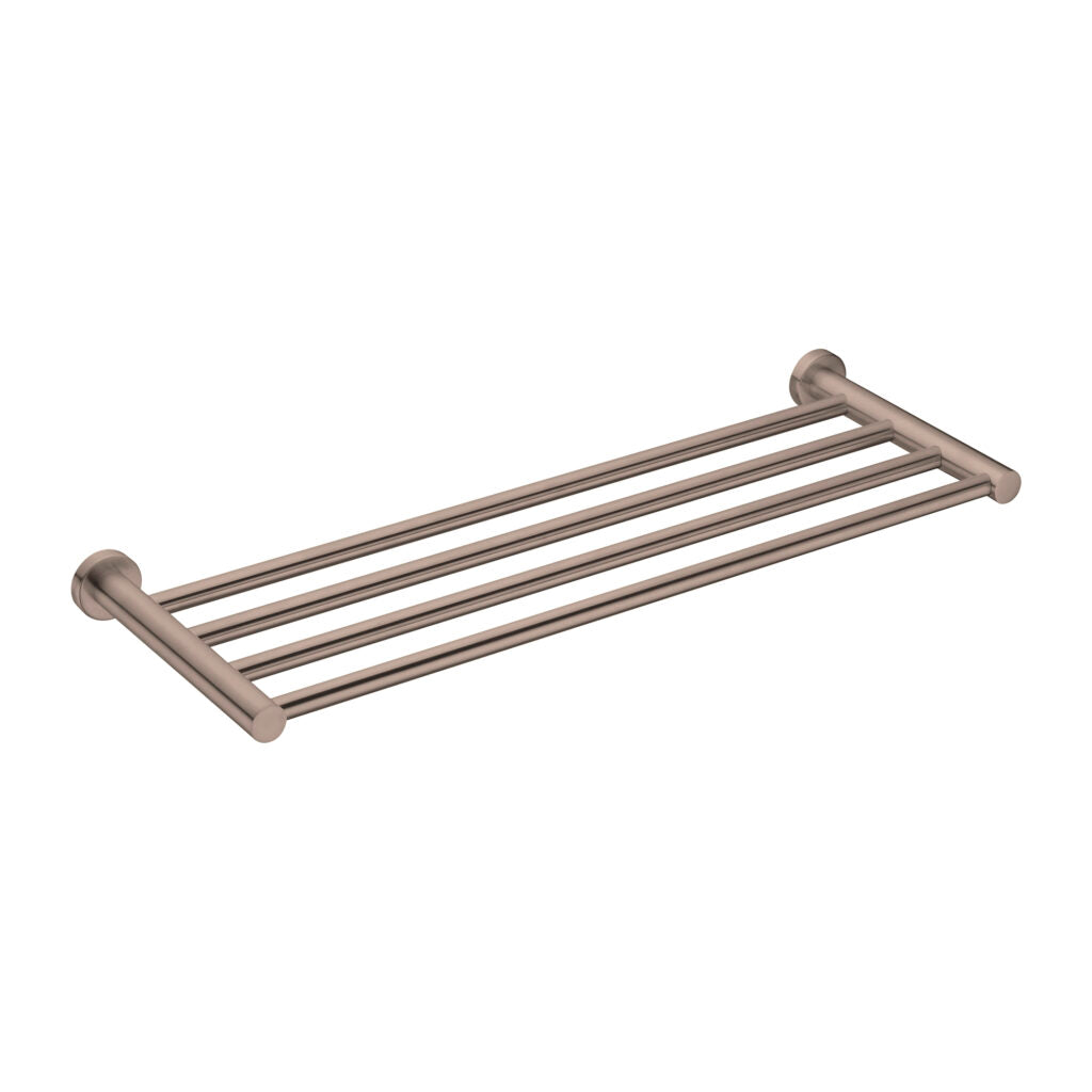 Brushed bronze towel rack with a minimalist design.