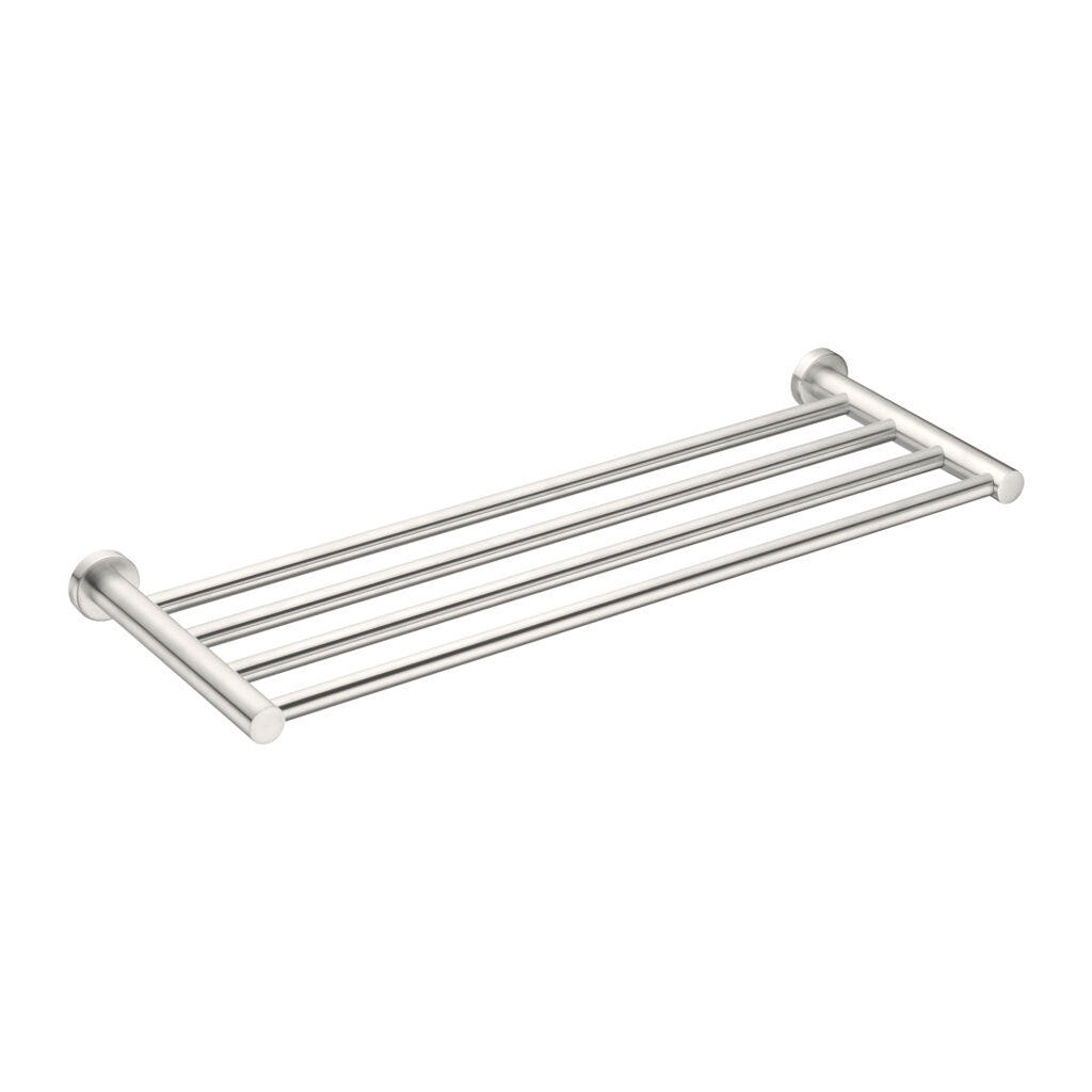 Brushed nickel towel rack with a minimalist design, featuring two upward facing hooks and a horizontal bar.