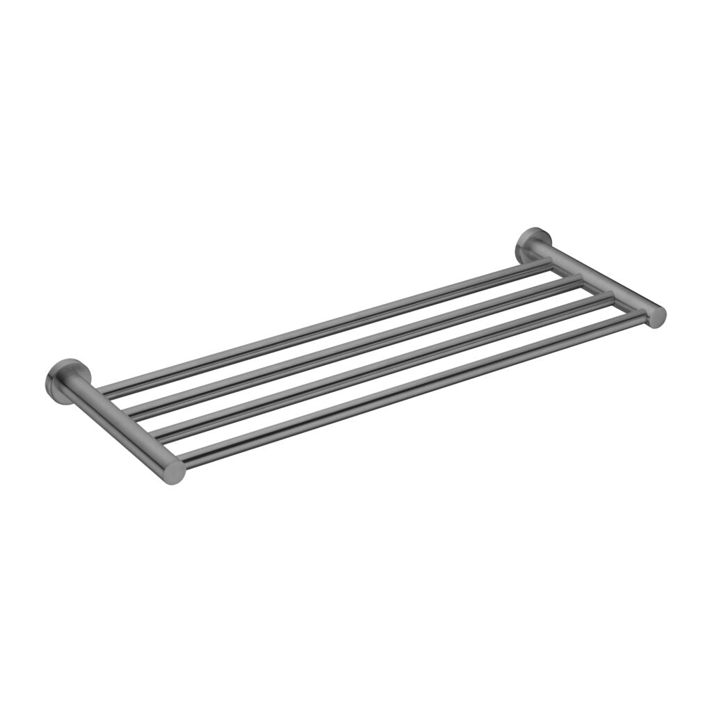 Gun metal towel rack with a minimalist design, featuring four horizontal bars.