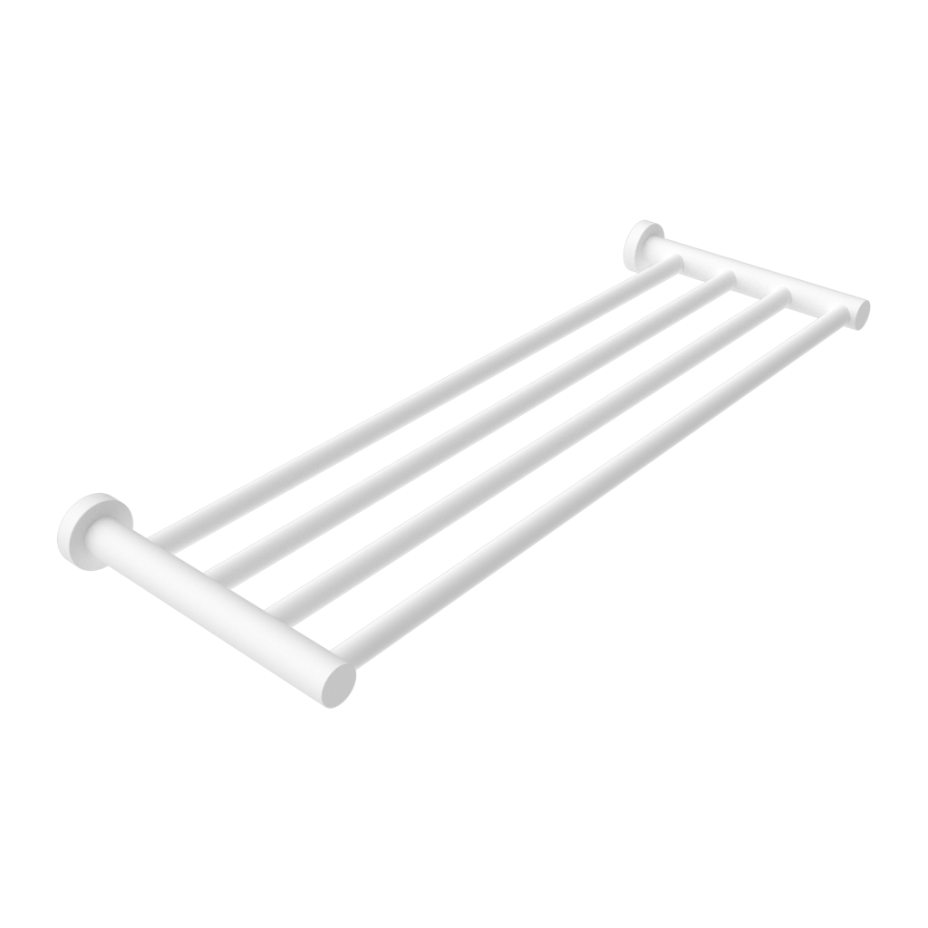 A matte white towel rack with a minimalist design, featuring a simple, elegant curved structure.