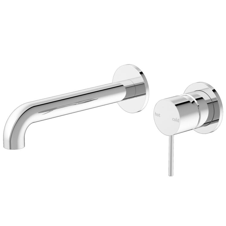 A wall-mounted basin mixer set with a Chrome finish, featuring a slim-line spout  matching backplates and pin lever handle