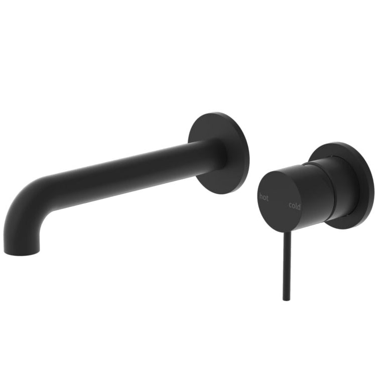 A matte black wall basin mixer set with a long, straight spout and a matching backplate.