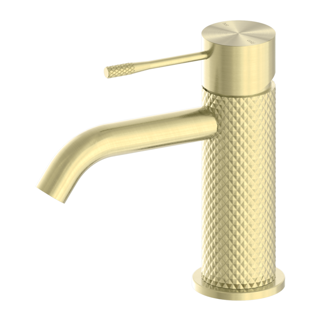 A brushed gold basin mixer tap with a distinct knurling feature and a square-shaped spout.