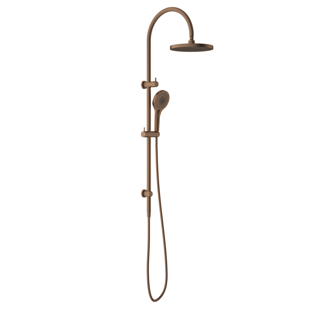 gooseneck duel shower in brushed bronze
