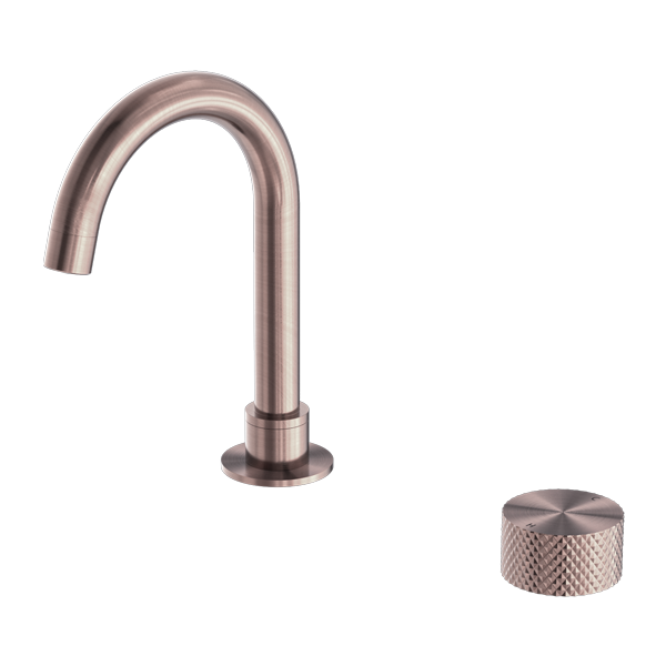 A brushed bronze basin mixer set with a swivel spout and a knurled handle.