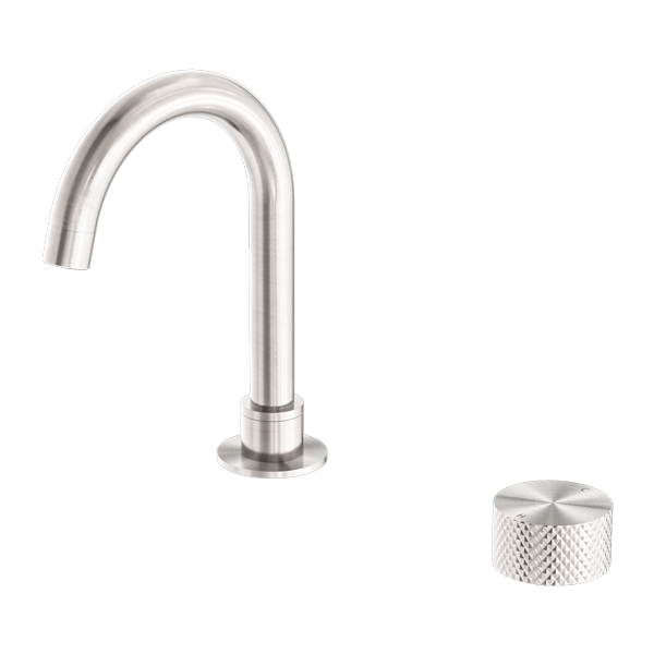A brushed nickel-colored basin mixer set with a swivel spout and a knurled handle, 