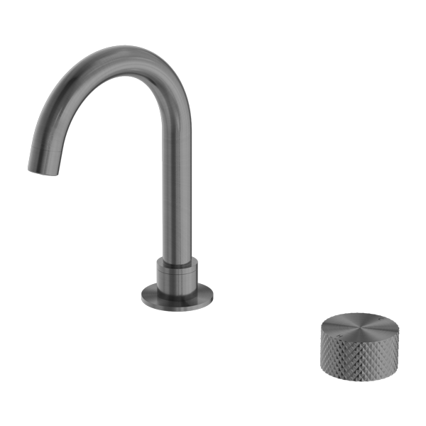 A graphite-colored basin mixer set with a swivel spout and a knurled handle.