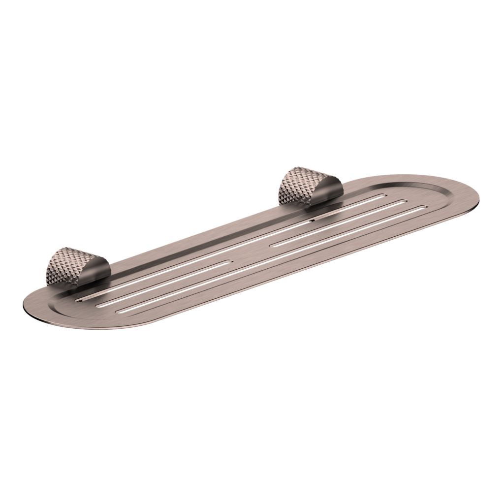A brushed bronze shower shelf with a knurled surface and two support loops at the back.