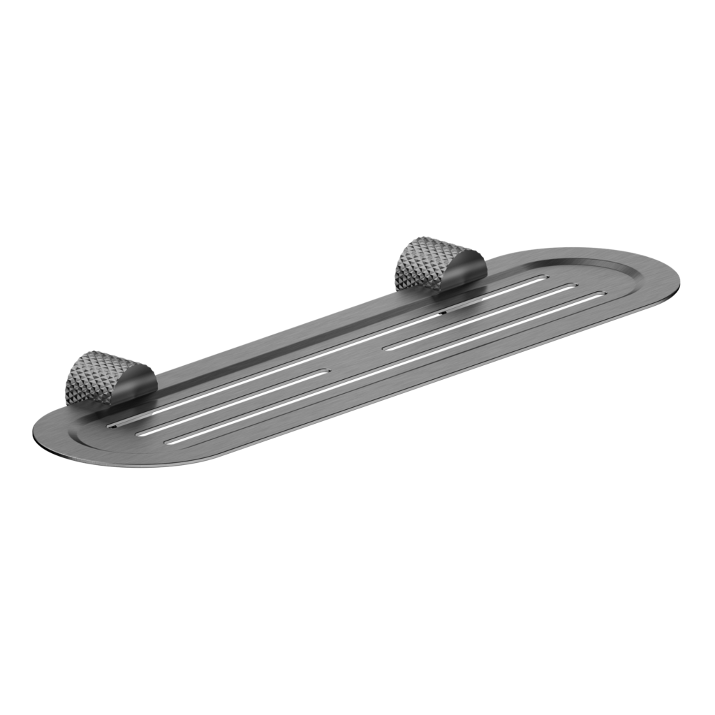 A Graphite shower shelf with a knurled surface and two support loops at the back.