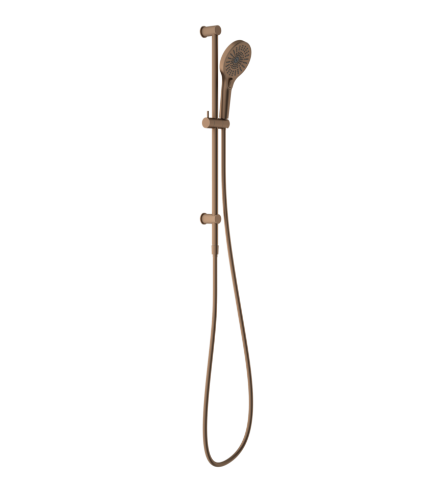 A Brushed Bronze  single rail shower with a hand-held shower head and an adjustable rail,WATER INLET' at the bottom.