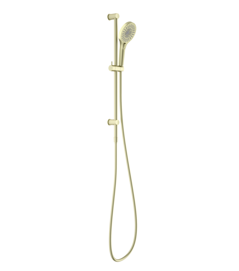 A brushed gold single rail shower with a contemporary design, featuring a square overhead shower head and a handheld shower hose.