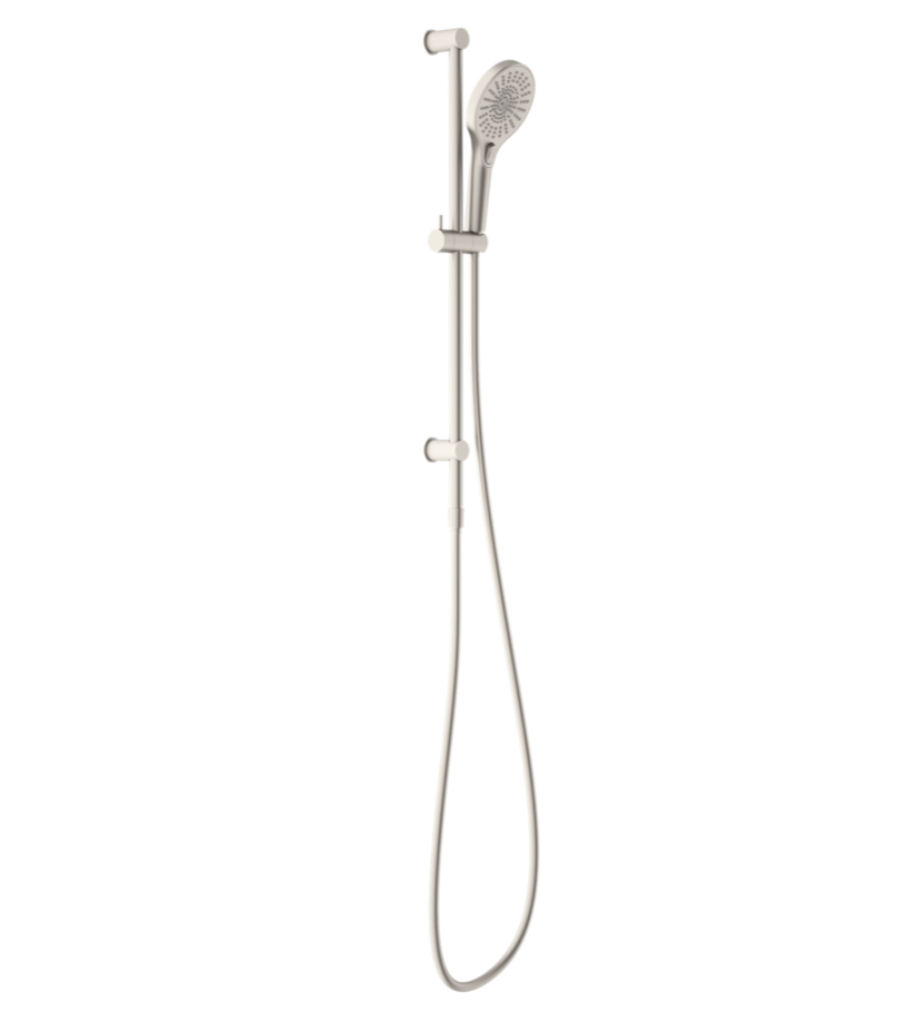 Brushed nickel single rail shower with a square overhead shower head and a handheld shower hose.