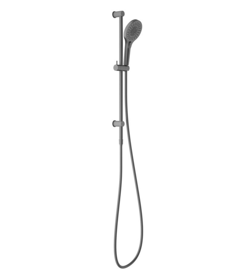 Single rail shower with a graphite-colored body and a silver-colored head, featuring a knurled design on the body.