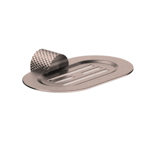 A brushed bronze metal soap dish with a textured surface and a drainage hole.