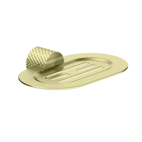 A brushed gold metal soap dish with a textured surface and a curved design.