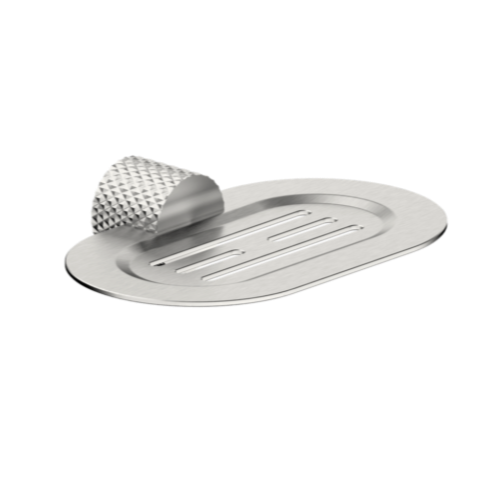 A brushed nickel metal soap dish with a textured surface and a drainage hole.